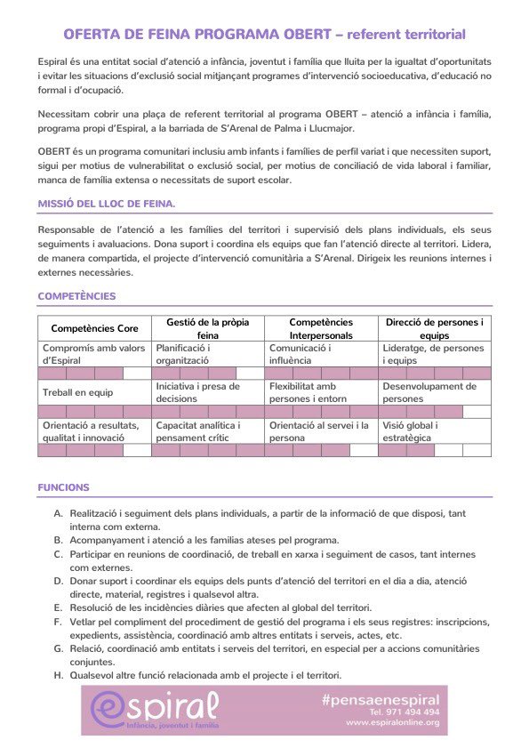 EspiralServeis's tweet photo. ⚠️⚠️⚠️OFERTA de FEINA!⚠️⚠️⚠️⚠️
🧐Estem cercant incorporar una persona al nostre equip de feina com a referent del #programaObert a s'Arenal.
Requisits: titulació de grau en Treball Social o Educació Social, Pedagogia o Psicologia. https://t.co/osMsUAviY2