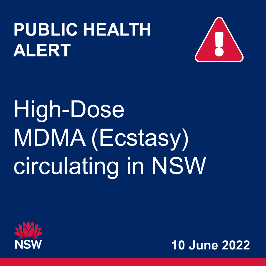 NSWHealth's tweet photo. NSW Health is warning of high-dose MDMA, commonly known as ecstasy tablets, circulating in the community after tablets seized by NSW Police contained more than two times the average dose of MDMA per tablet. https://t.co/FCvRWqHbaF