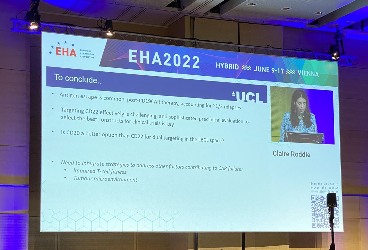 Prof Roddie speaking on dual targeting of CAR-T.
• CD19- escape in approx 1/3 B-Cell malig (ALL / LBCL)
• CD22 less attractive as 2nd target: HLH more common with & activity when used in tanCAR is limited
• CD20 maybe better option
#EHA2022 #lymsm #EHA22