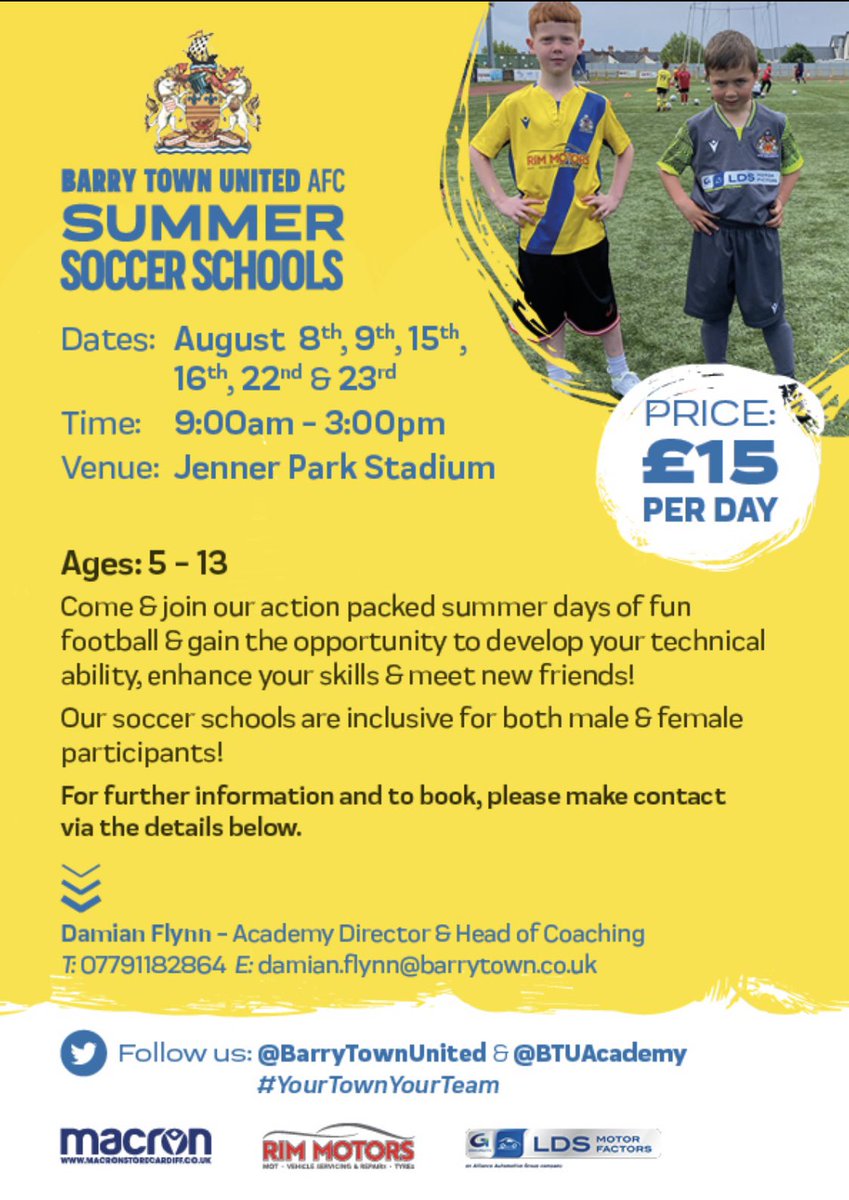 Book now with a chance to take part in our action packed days of <a href="/BarryTownUnited/">Barry Town United</a> Summer Soccer Schools, set to take place on what will be <a href="/JennerPark3G/">Jenner Park</a> brand new pitch in the month of August! Follow the details on the flyer to secure your place! 💛💙