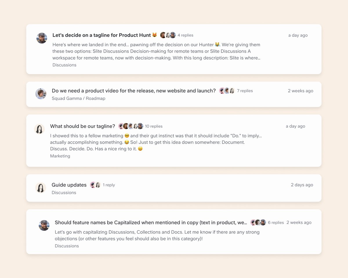 A lot of discussions were made for the making of this 
Discussions Launch 👇. 
They are simple questions really, but even the simplest discussions made the team moved on constantly.
<a href="/mel/">Melanie Baevsky Besvinick</a> <a href="/Christophepas/">Christophe Pasquier 🇺🇦</a> @FadeelahAl <a href="/jonmccull/">Jon McCullough</a> <a href="/Brieuc1/">Brieuc</a> <a href="/SliteHQ/">Slite</a>