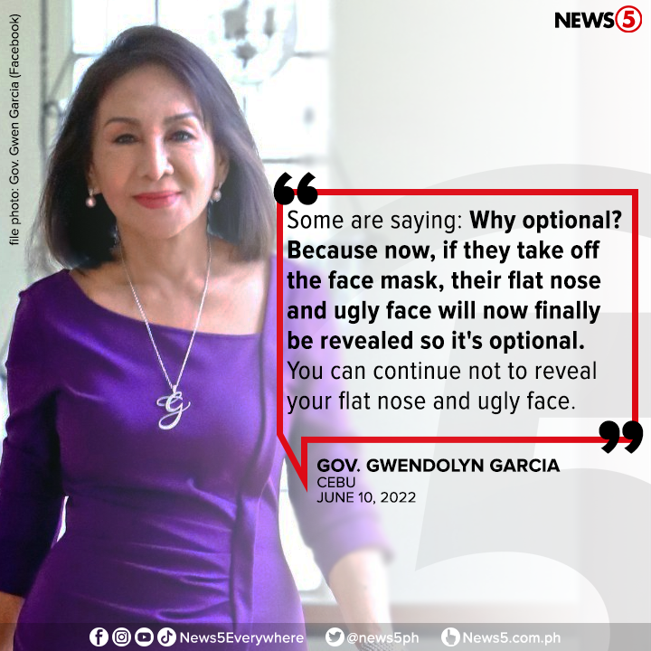 News5PH's tweet photo. Ito ang pabirong sagot ni Cebu Gov. Gwen Garcia kung bakit opsiyonal ang pagsusuot ng face mask. Kasunod ito ng paglagda niya sa isang executive order kung saan maaari nang hindi magsuot ng face mask sa well-ventilated at open spaces sa lalawigan. https://t.co/peZCsj7QMU