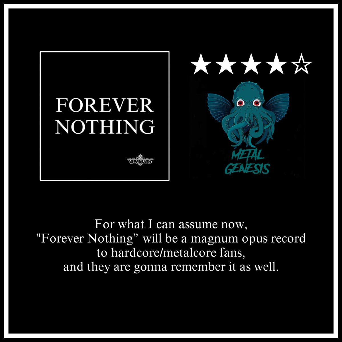𝐅𝐎𝐑𝐄𝐕𝐄𝐑 𝐍𝐎𝐓𝐇𝐈𝐍𝐆 𝐑𝐄𝐕𝐈𝐄𝐖. 𝐑𝐄𝐋𝐄𝐀𝐒𝐄𝐃 𝐈𝐍 𝟕 𝐃𝐀𝐘𝐒.

Huge thanks to Metal Genesis. Full review: 
metalgenesis.blogspot.com/2022/06/foreve…