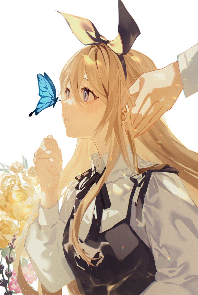 butterfly bug long hair blonde hair 1girl long sleeves flower  illustration images