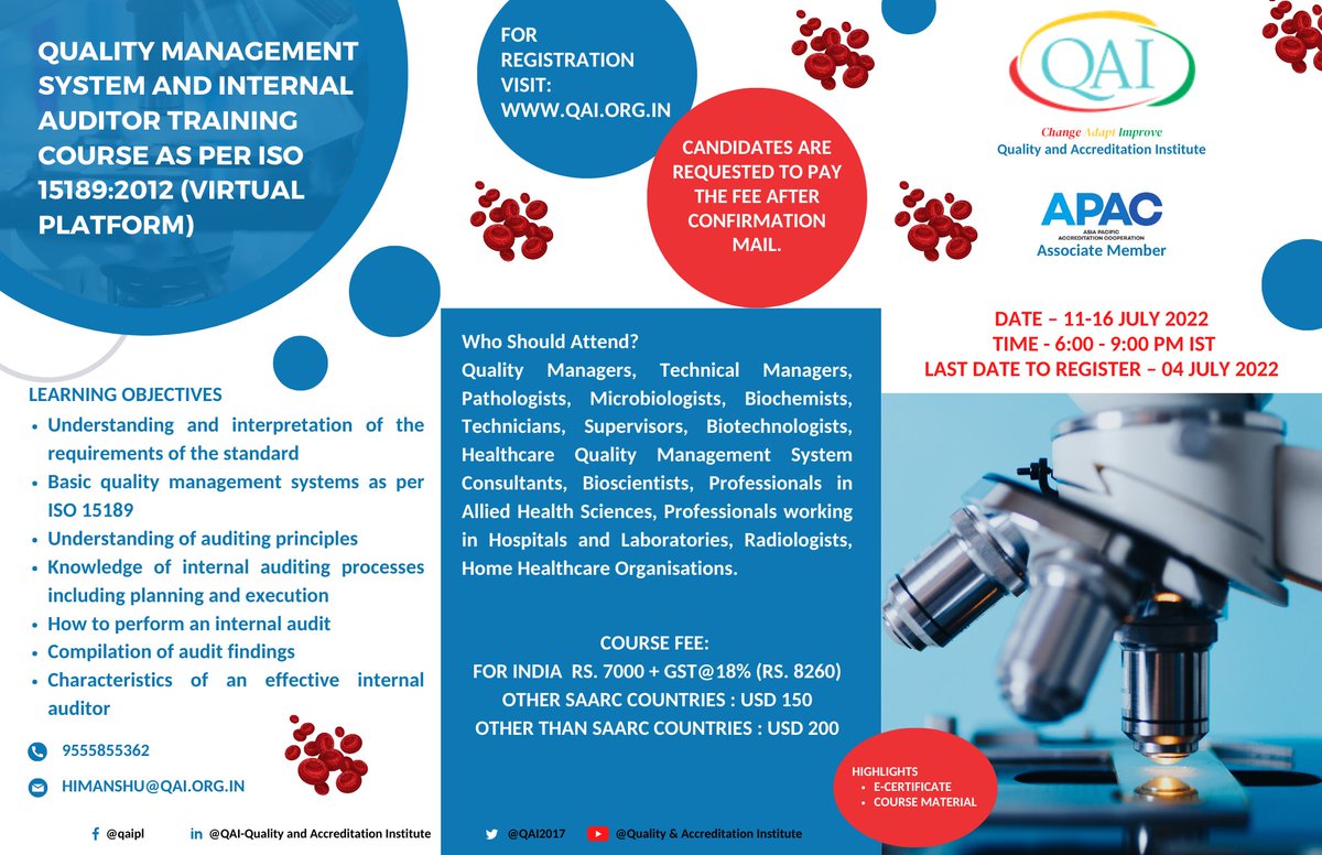 Organising Quality Management System and Internal Auditor Training Course as per ISO 15189:2012
Registration form available now: qai.org.in
#medicallaboratory #ISO15189