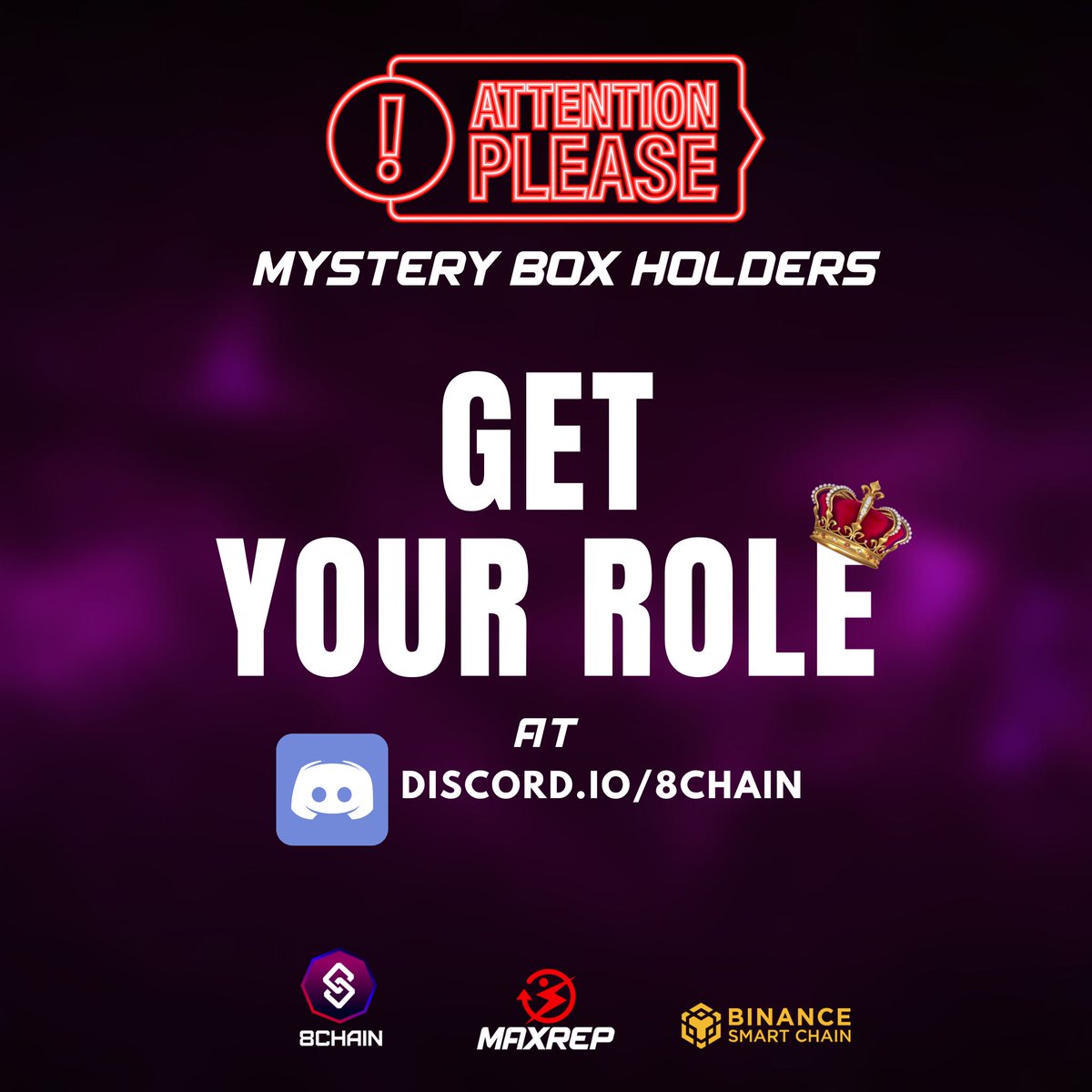 8CHAINMetaverse's tweet photo. CALLING ALL THE MAXREP MYSTERY BOX HOLDER! 📢

You may know claim your role on our Discord Community at https://t.co/hKUENkOlhv to get exclusive updates and other surprises. 💎

#NFT #8CHAIN #MAXREP #MOVETOEARN #WORKOUTTOEARN https://t.co/USvzmRu1rn