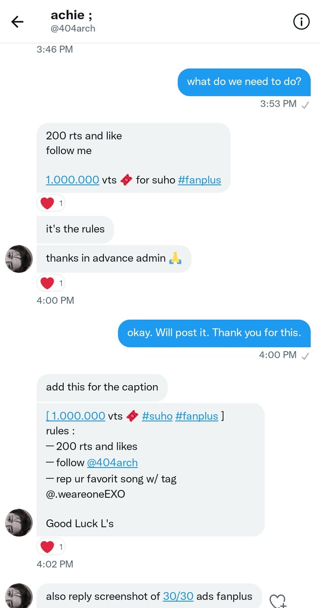 SuhoBrand's tweet photo. BUNNYZENS 📣
We received another RT deal❗

[ 1.000.000 vts 🎟️ #suho #fanplus ]
rules :
─ 200 rts and likes
─ follow @404arch
─ rep ur favorit song w/ tag @weareoneEXO
─ +  screenshot of 30/30 ads

Let's complete this to get 1M votes for SUHO! https://t.co/7aYr69LEAb
