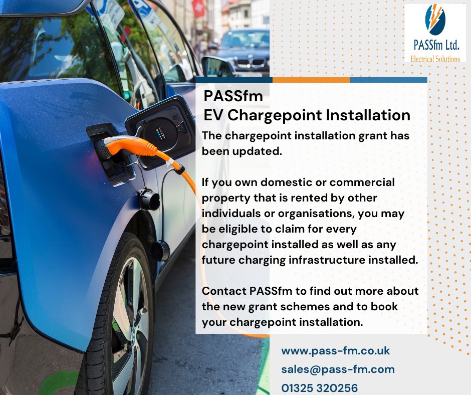 Domestic and commercial landlords/landladies may be able to claim a £350 grant towards the installation of an EV chargepoint and a further £500 towards infrastructure installed for a future chargepoint.
Contact PASSfm for more details or to get your free no obligation quote.
