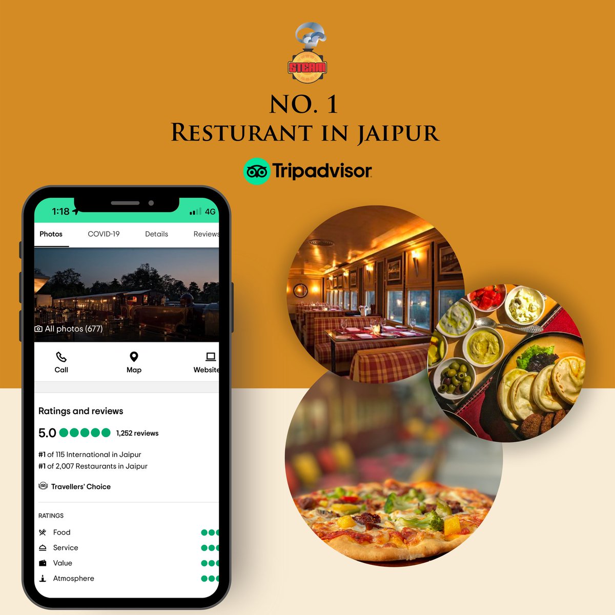SteamRambagh's tweet photo. We are extremely delighted &amp; thankful for making Steam, Rambagh Palace #1 Restaurant in Jaipur on @Tripadvisor .
 
We value your patronage and appreciate your confidence in us🙏

#rambaghpalace #tajhotels #tripadavisor #steamrambaghpalace https://t.co/DRaM9H27sF