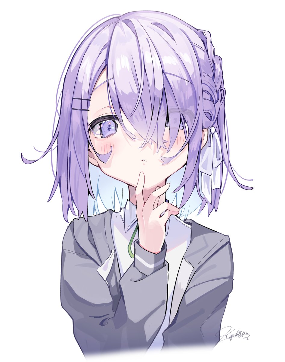 1girl solo colored inner hair purple hair shirt ribbon hair over one eye  illustration images