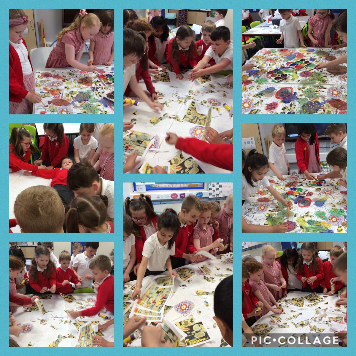 ECSTGOldham's tweet photo. Year 2 have been working hard over the last three weeks to complete their collaborative art piece based on the work of Roy Lichtenstein. They created a composition using figures, splashes and action words and then added texture and definition to their piece. #shineourlight https://t.co/k8FeV9Ai2Z