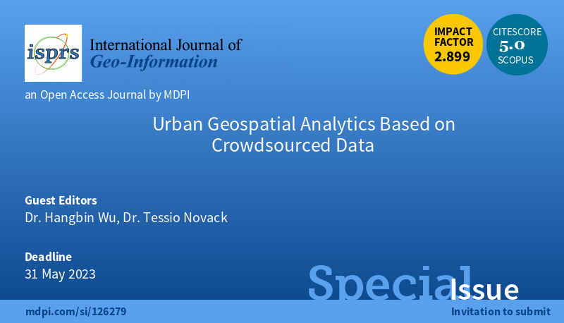 ISPRS IJGI (@isprs_ijgi) on Twitter photo #callforpapers
📢Special Issue "#Urban #Geospatial #Analytics Based on Crowdsourced #Data" is open for submissions.
Edited by Dr. Hangbin Wu and Dr. <a href="/tessio_novack/">Tessio Novack</a>
🗓️ Submissions deadline: 31 May 2023
🔗mdpi.com/journal/ijgi/s… #callforpapers
📢Special Issue "#Urban #Geospatial #Analytics Based on Crowdsourced #Data" is open for submissions.
Edited by Dr. Hangbin Wu and Dr. <a href="/tessio_novack/">Tessio Novack</a>
🗓️ Submissions deadline: 31 May 2023
🔗mdpi.com/journal/ijgi/s…