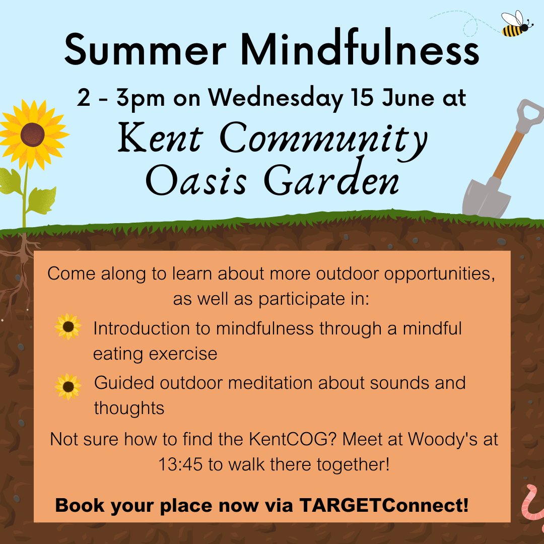 Come along to this  event at 2-3pm on Wednesday 15 June at the Kent Community Oasis Garden to learn about more outdoor opportunities 🪴🧘

Also includes:

🌼 Introduction to mindfulness through a mindful eating exercise
🌼 Guided outdoor meditation about sounds and thoughts