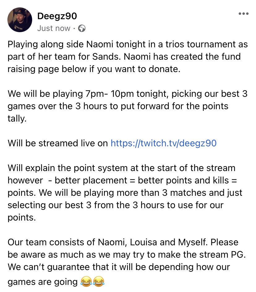 deegz90's tweet photo. Participating in a Fortnite tournament for charity Sands tonight. Our team Captain has created a fundraiser page on FB you can donate to below if you wish or just come along and support on my twitch https://t.co/v5pkB5WGaa   Takes place 7pm-10pm uk time

https://t.co/YkppoqxF8c https://t.co/hySMGWwTYw