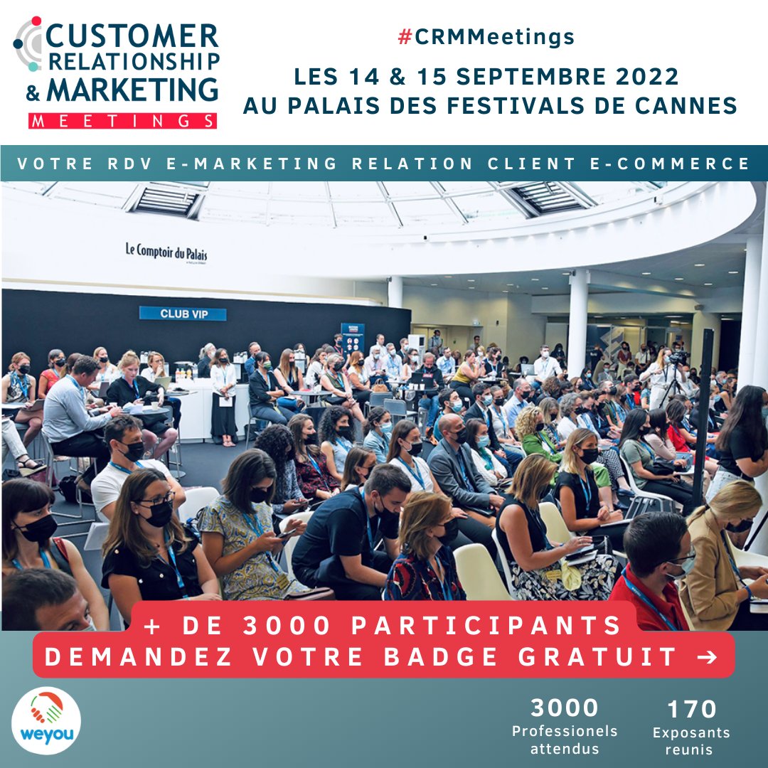 Les pros du E-marketing, de la Relation Clients et du E-commerce se sont donné rendez-vous à #CRMmeetings et vous ? VOTRE BADGE ➔  visitor.weyou-group.com/crm-meetings/2…