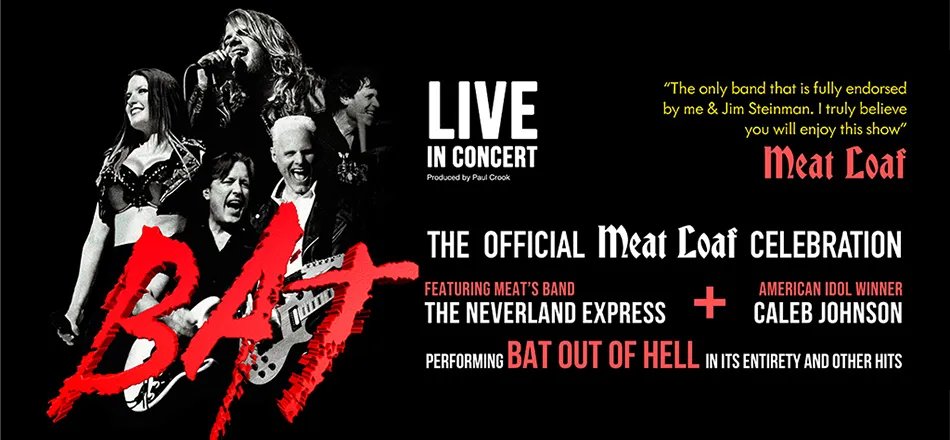 Tickets on sale now for BAT – A Meat Loaf Celebration on 27 May 2023 featuring The Neverland Express and American Idol winner <a href="/CalebJohnson/">Caleb Perry Johnson</a>

🎫 >> bit.ly/MeatLoafCelebr…