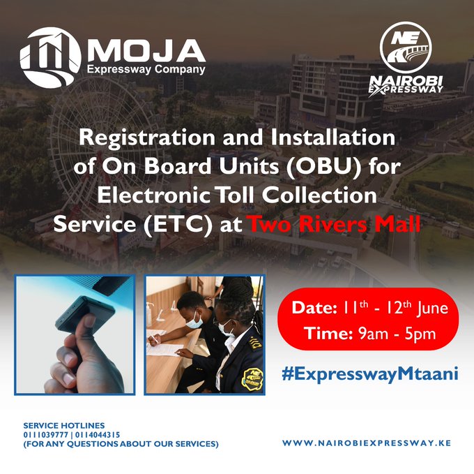 NBOExpresswayKE's tweet photo. This weekend - 11th - 12th June, karibuni Gateway Mall and @TwoRivers_KE to interact with the @mojaexpressway team who will help you register and install the On-Board Unit (OBU) for Electronic Toll Collection (ETC) Service.  #NairobiExpresswayUpdates https://t.co/yujUA6vraI