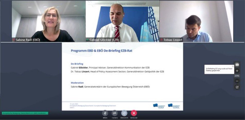 EB_Austria's tweet photo. Happening now: Geldpolitische Zeitenwende oder Symbolpolitik? Insights zur gestrigen @ecb #Leitzinserhöhung von @GabrielGlockler &amp; @TobiasLinzert bei unserem gemeinsamen #EBDdebrief mit @NetzwerkEBD, moderiert von #EBÖ GenSek @S_Radl https://t.co/Mty4i1dR7t