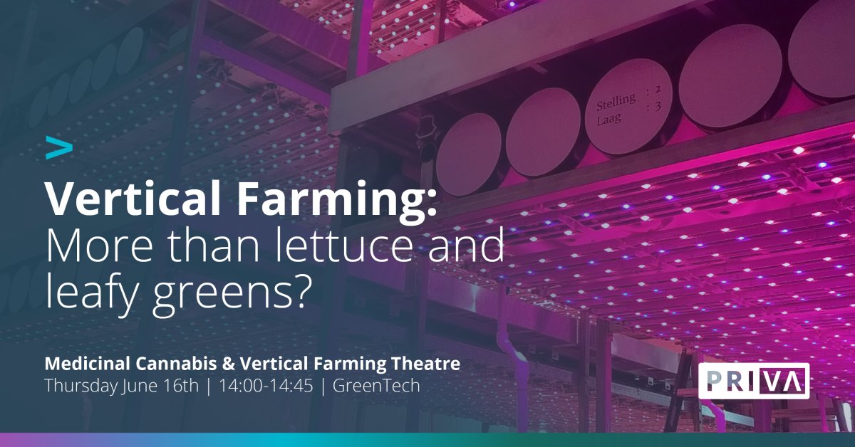 Is #VerticalFarming more than lettuce and leafy greens? During GreenTech Priva’s expert Su Zhang will participate in this session to share his knowledge and experiences on Vertical Farming and how it can also be beneficial for other crops. 
#cultivation #foodproduction