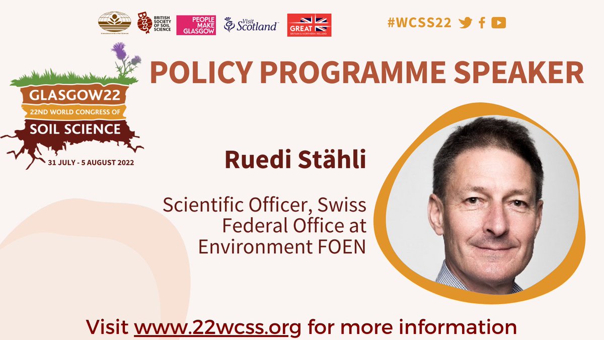 Announcing #WCSS22 newest #policy #session #speaker, @ruedi_staehli! Join Ruedi for his #insights on #Soil #Strategy and the environmental #impact! Register here to not miss out: 22wcss.org/registration/ #IUSS #BSSS #Science #soilscience #environment #programme #congress #soils