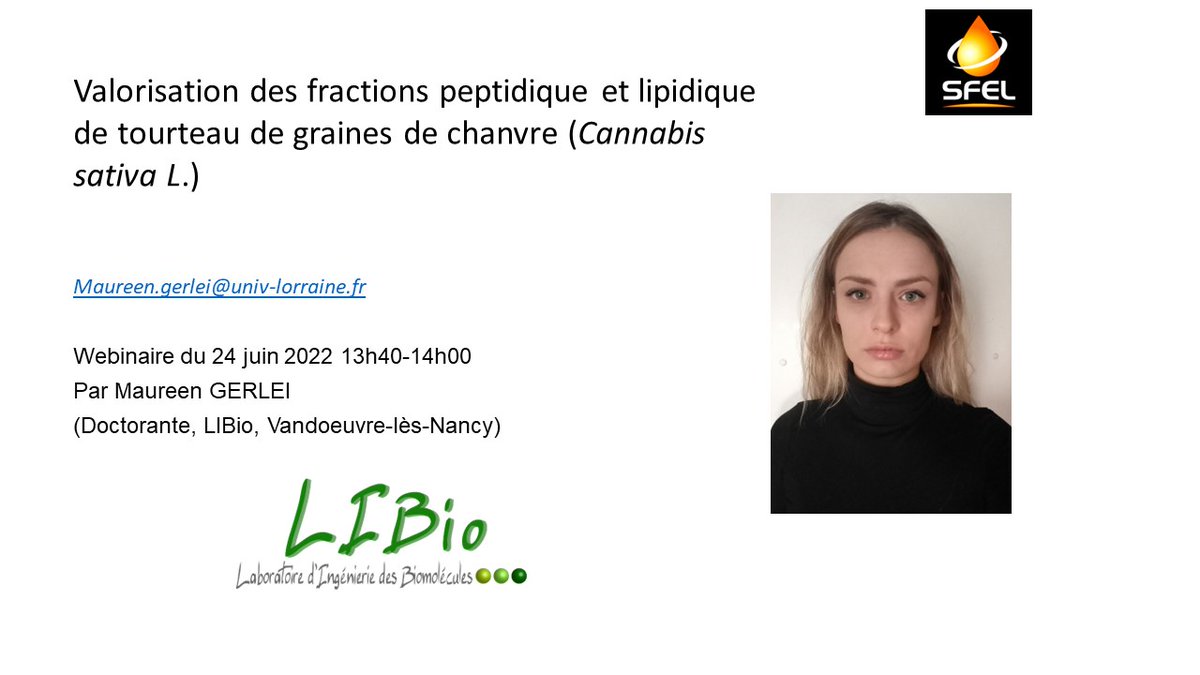 [Webinaire] – Participez au webinaire <a href="/societe_l/">Société Française pour l'Etude des Lipides - SFEL</a> le 24 juin de 13h à 14h où seront présentés les travaux de trois doctorantes.

👉 Inscription gratuite mais obligatoire :
my.weezevent.com/webinaire-sfel…       

#huile #nutrition #lipides #graines #tourteaux #lupin #pois <a href="/INRAE_France/">INRAE</a>