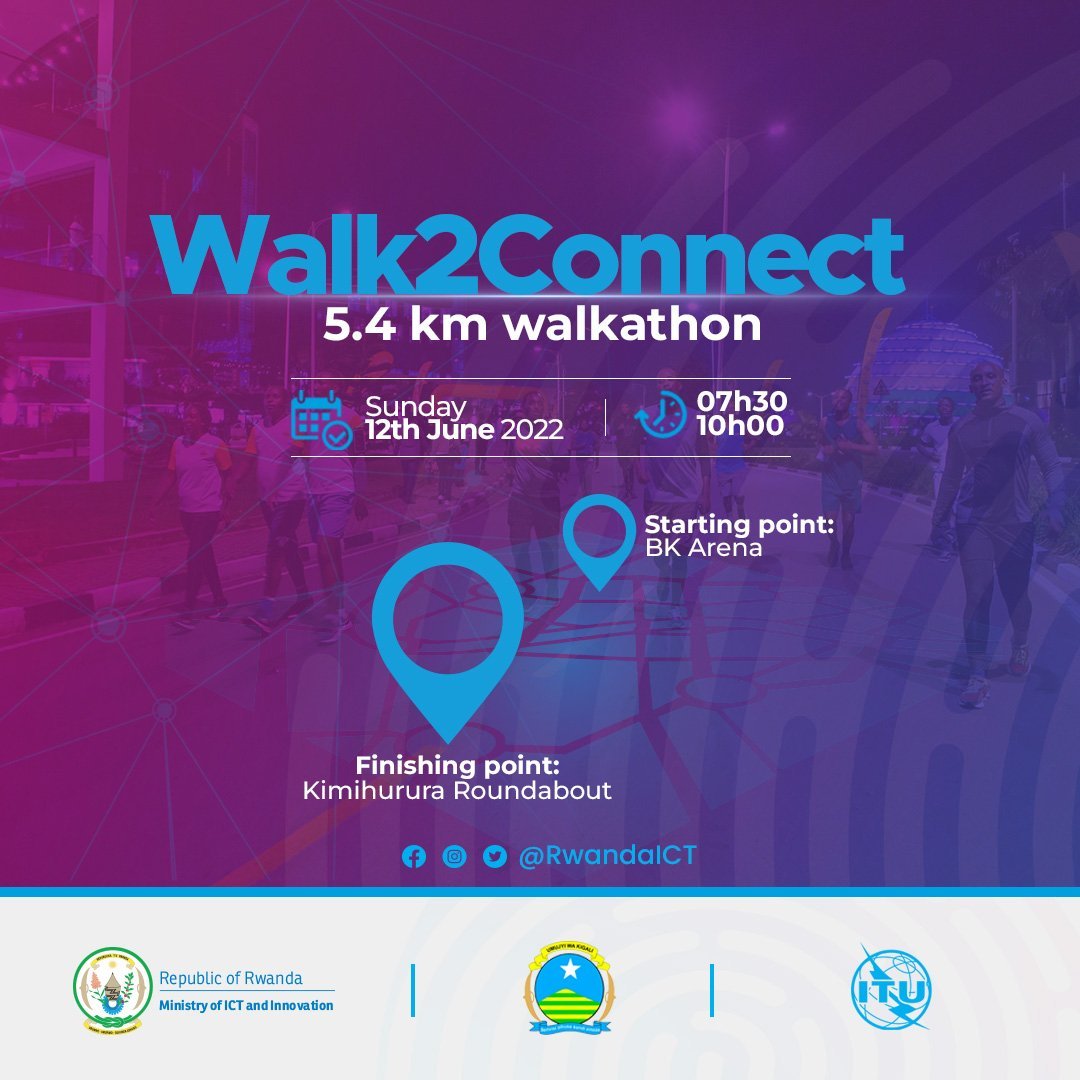 ITUDevelopment's tweet photo. Are you in #Kigali this weekend? Let's #WalktoConnect!
Join us on a 5.4km walk together to raise awareness & help bridge the gender #DigitalDivide!
⏰Sunday - June 12, 6h30 AM
📍BK Arena
In partnership with @CityofKigali @RwandaICT @RURA_RWANDA https://t.co/wxu6psMPTa