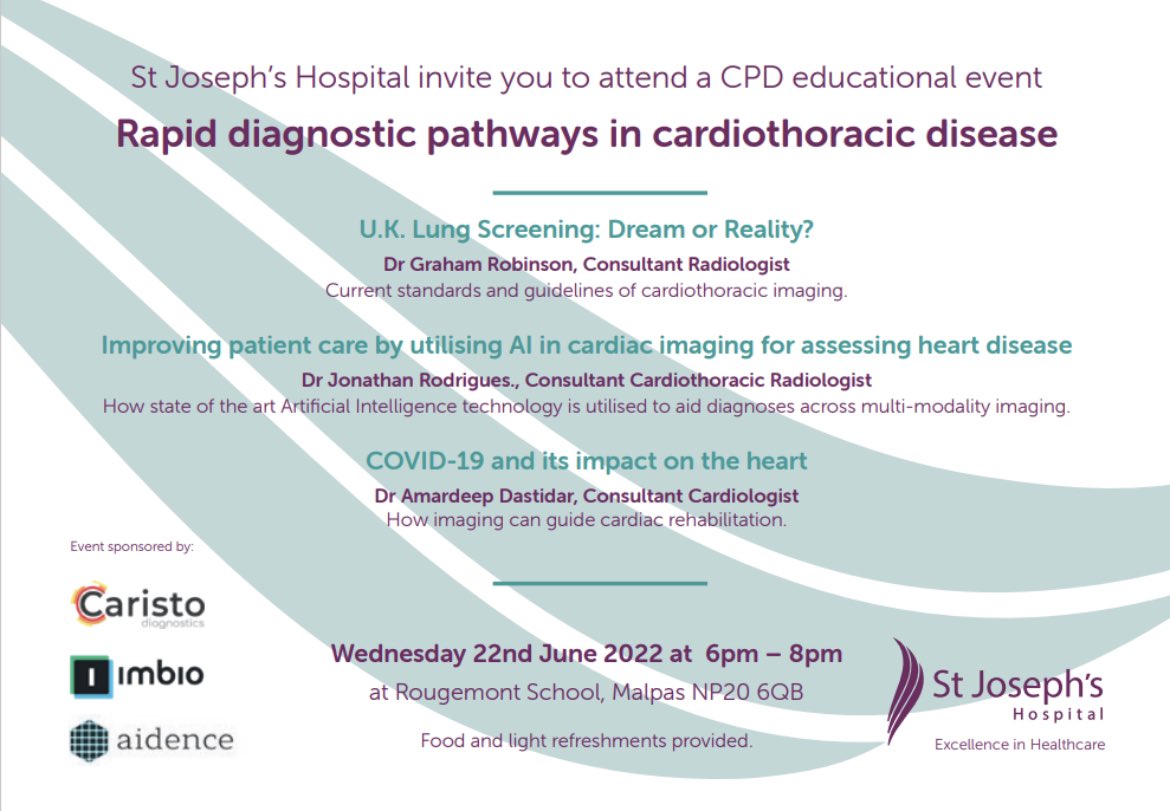 StJosephsHosp's tweet photo. Register now for our free educational event. 

Topics:  Lung screening, AI in Cardiac imaging and the impact of Covid-19 on the heart.

Click here: https://t.co/FTaXCh9LtO

Thanks to  our sponsors @imbio_inc @CaristoHeart and @AidenceVeye 

#StJosephs #Imaging #Diagnostics #CPD https://t.co/iK0cGvTi9e