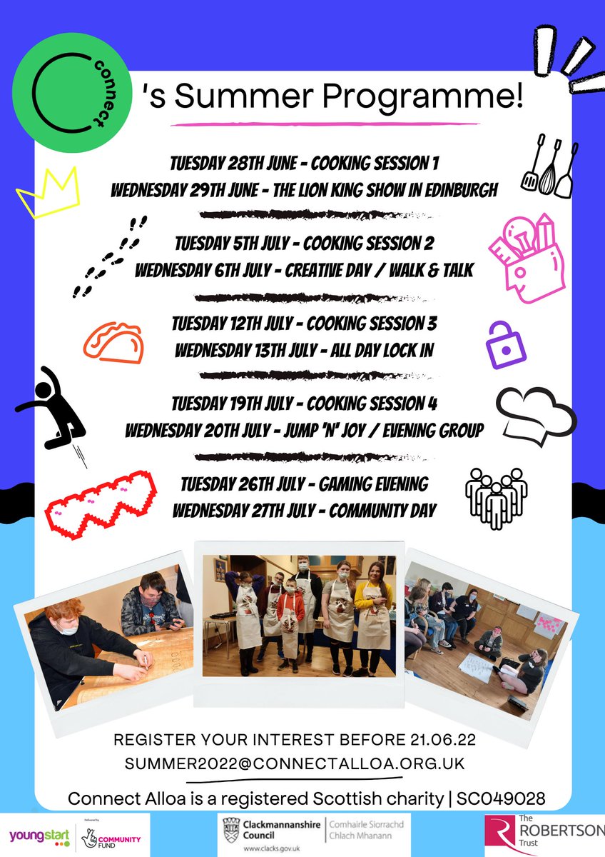 ConnectAlloa's tweet photo. Our Summer Programme is live!

Due to limited spaces we ask that you register interest at: summer2022@connectalloa.org.uk -letting us know your young persons name &amp; what activities they are interested in. We will allocate spaces as fairly as possible.

Thanks for understanding 🤗 https://t.co/vVQ5ukZSQJ