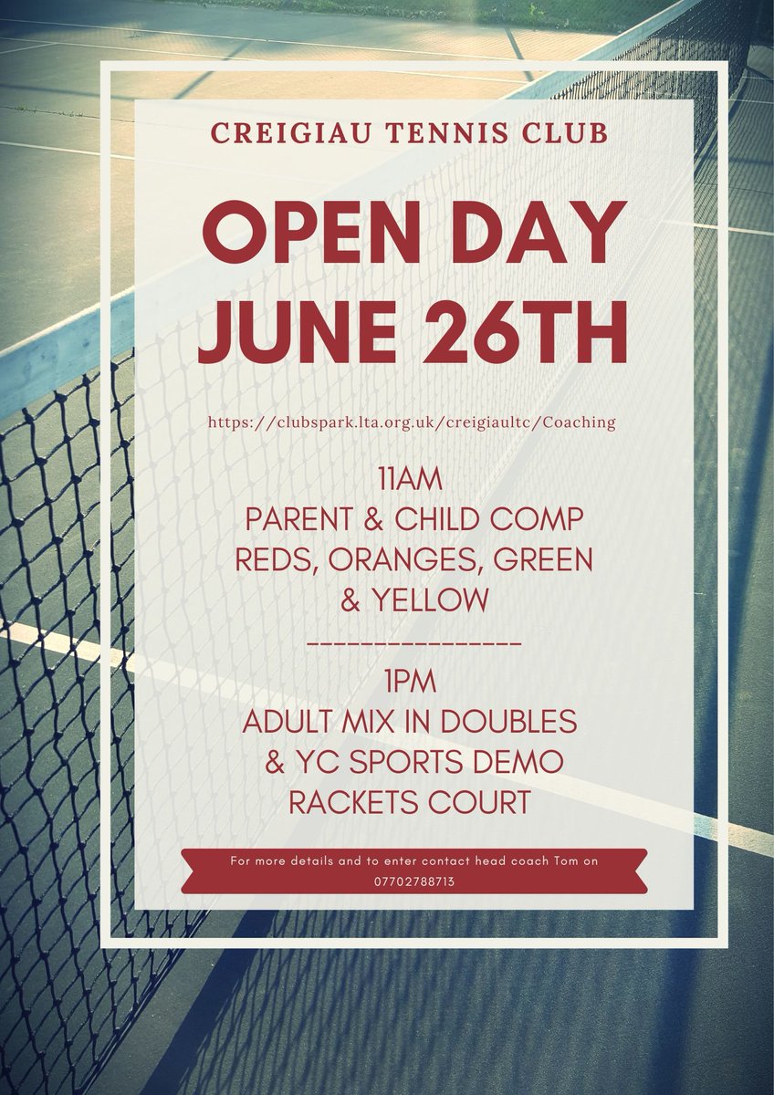 Creigiau Tennis Club Open day, Sunday June 26th 😃 🎾 
For more information contact Tom
07702788713
<a href="/CreigiauRec/">CreigiauRec</a> <a href="/CreigiauCarnvl/">Creigiau Carnival</a> <a href="/tenniswales/">Tennis Wales</a> <a href="/YCSports/">YC Sports</a>