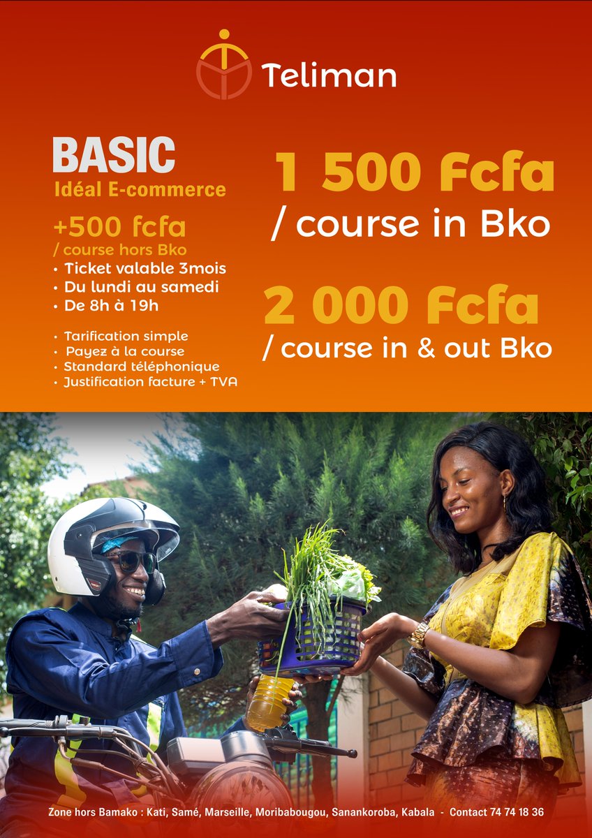 Boostez votre commerce avec l’offre logistique pro et fiable de Teliman !

Livraison de vos produits en toute sécurité et confiance grâce à l'offre BtoB de Teliman ! 

Avec l’offre BtoB de Teliman, vous avez la possibilité d’être livré en un temps record partout à Bamako!