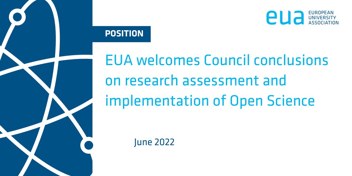 euatweets's tweet image. EUA welcomes #eucouncil conclusions on #researchassessment and implementation of #OpenScience.

Read our position ➡️ bit.ly/3xuvWDL

@EUCouncil @eucouncilpress #euco