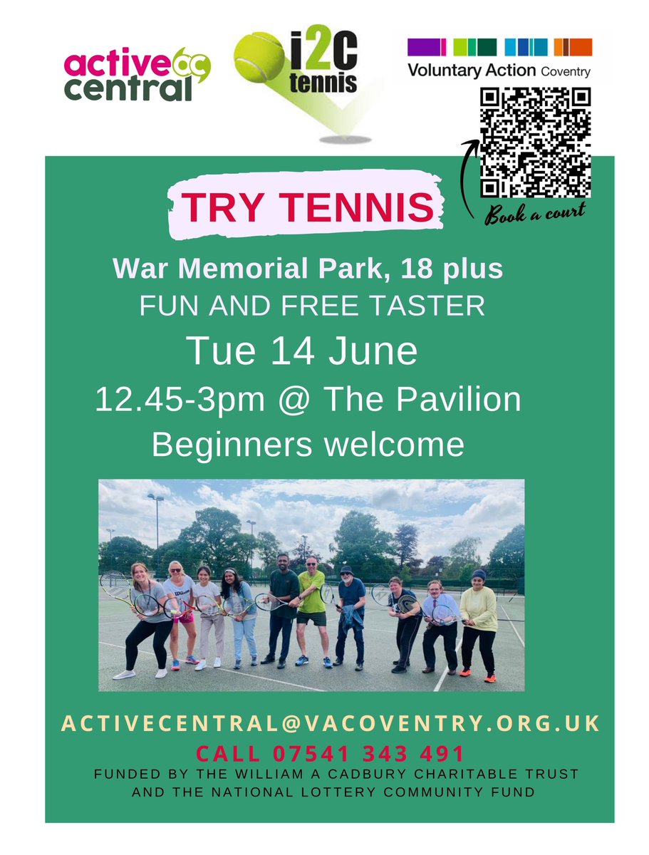 VACoventry's tweet photo. Try Tennis for FREE with @ChatCentral2 at War Memorial Park on Tues 14th June. Have fun, meet new people and try something new!
#activecentral #voluntaryactioncoventry #tennis #warmemorialpark #voluntaryactioncoventry #tennis #getactive #meetnewpeople https://t.co/6ojWXWjmMU