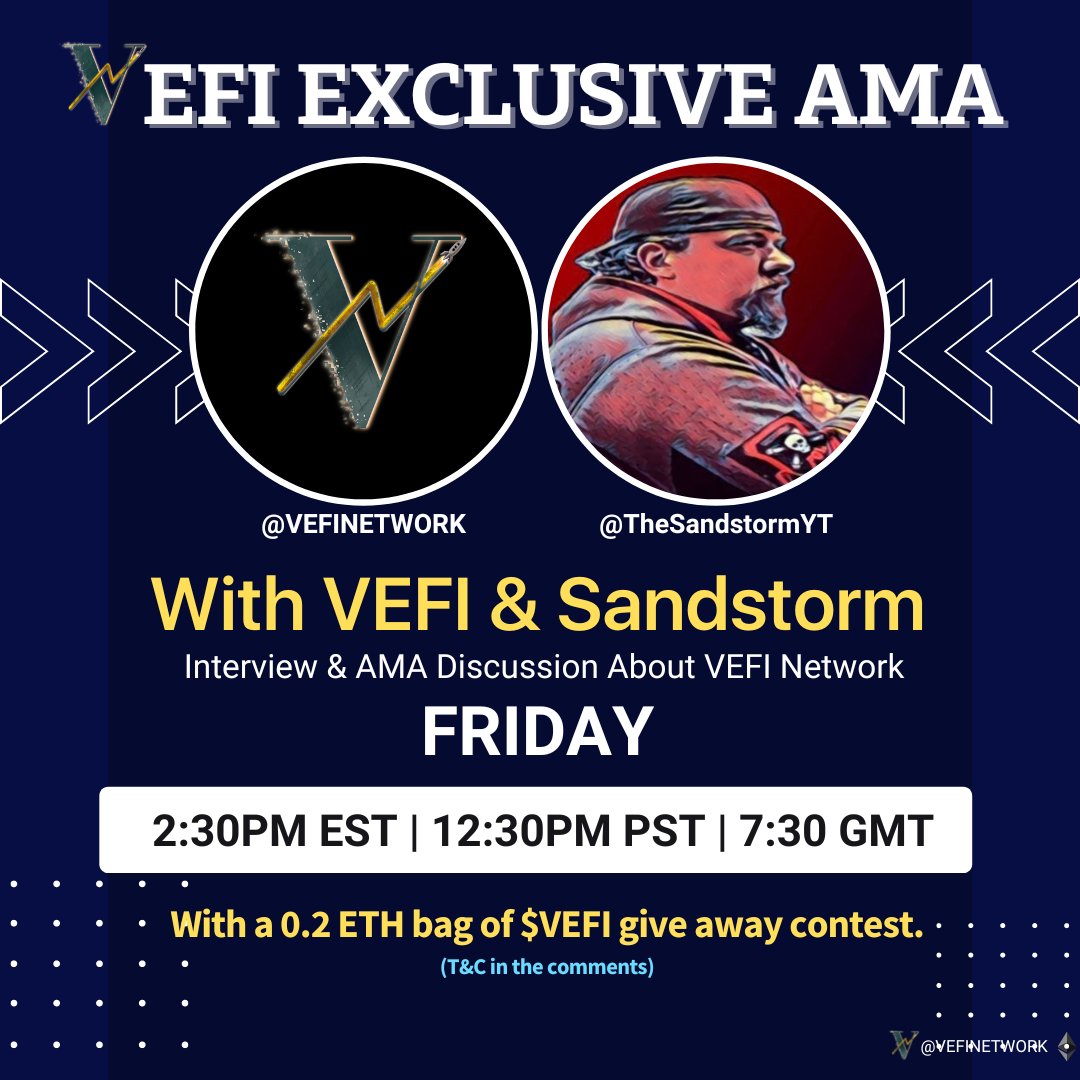 Exclusive on YouTube <a href="/VEFINetwork/">VEFI Network</a> exclusive interview and AMA with <a href="/TheSandstormYT/">The_Sandstorm</a> 
Link: youtube.com/watch?v=7k01G0…

We will be speaking about everything VEFI Network and answering the hard questions!

There is also a giveaway of 0.2ETH worth of $VEFI that you can partake in. #VEFI