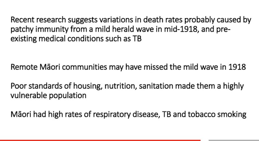 SixandLaura's tweet image. Severity, maybe something to do w/ mild first wave, through New Zealand in 1918 #pandemic_dynamics

The “Niagara” arrived in the middle of that (mild) wave.

Māori very severe mortality (~20% of *population* died)

Rural, high rates of tuberculosis, tobacco smoking in men &amp;amp; women