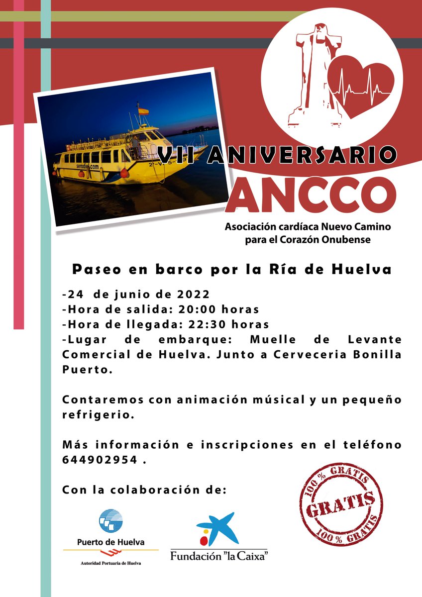 🛳️Paseo por la ría de Huelva
🗓️24 de junio
⏰20:00 horas
🔽Embarque en el Muelle de Levante Comercial (junto Cervecería Bonilla Puerto)
📝Inscripción gratuita (Preferencia para los socios al día)
Mas información e inscripciones en el 644 90 29 54 o en forms.gle/CTGYHYjSefiwEm…