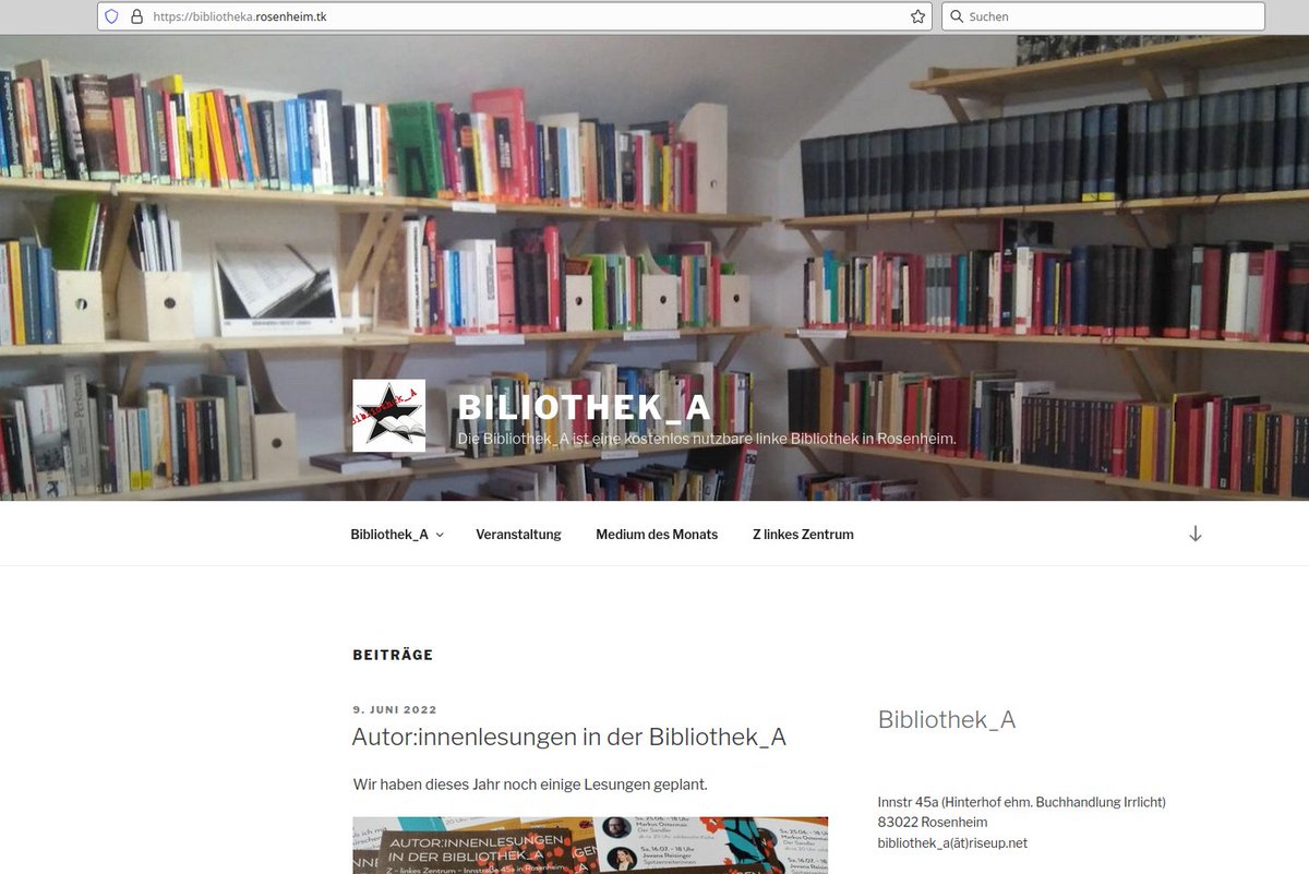 Wir haben eine neue Homepage:
💻 bibliotheka.rosenheim.tk

Weiterhin sind wir noch auf facebook:
▶ facebook.com/BibliothekARos…

Am besten kontaktiert Ihr uns aber per Email:
📩 bibliothek_a[ät]riseup.net