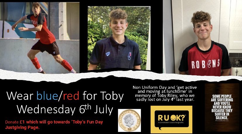 MASport_PE's tweet photo. A special day to remember Toby Riley. Non uniform for students, please wear blue or red to remember Toby and donate £1. Fun sports activities will be offered to students for the duration of lunchtime. Funds raised will go to Toby’s Fun Day raising money for a local play area. https://t.co/3DXpZ6Szbu