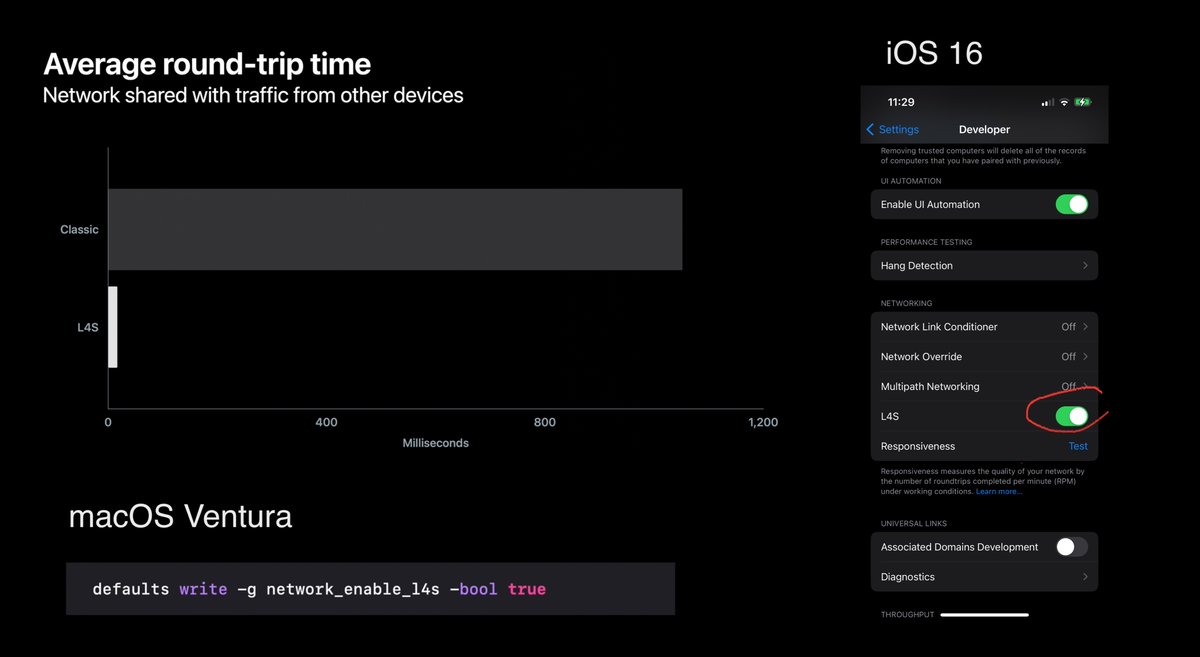 Wow! L4S reduces network delays dramatically! 
#WWDC22 

developer.apple.com/videos/play/ww…

It's still in beta, you can enable it on iOS and macOS: