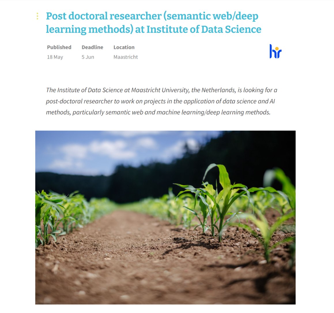 WANTED:
Post-doctoral researcher to work on projects in the application of data science and AI methods. 

Do you have a passion for computer science &amp; knowledge of agriculture? Then please apply! lnkd.in/e6nExC2C

#umdatascience #datasciencejobs #semanticweb #DeepLearning