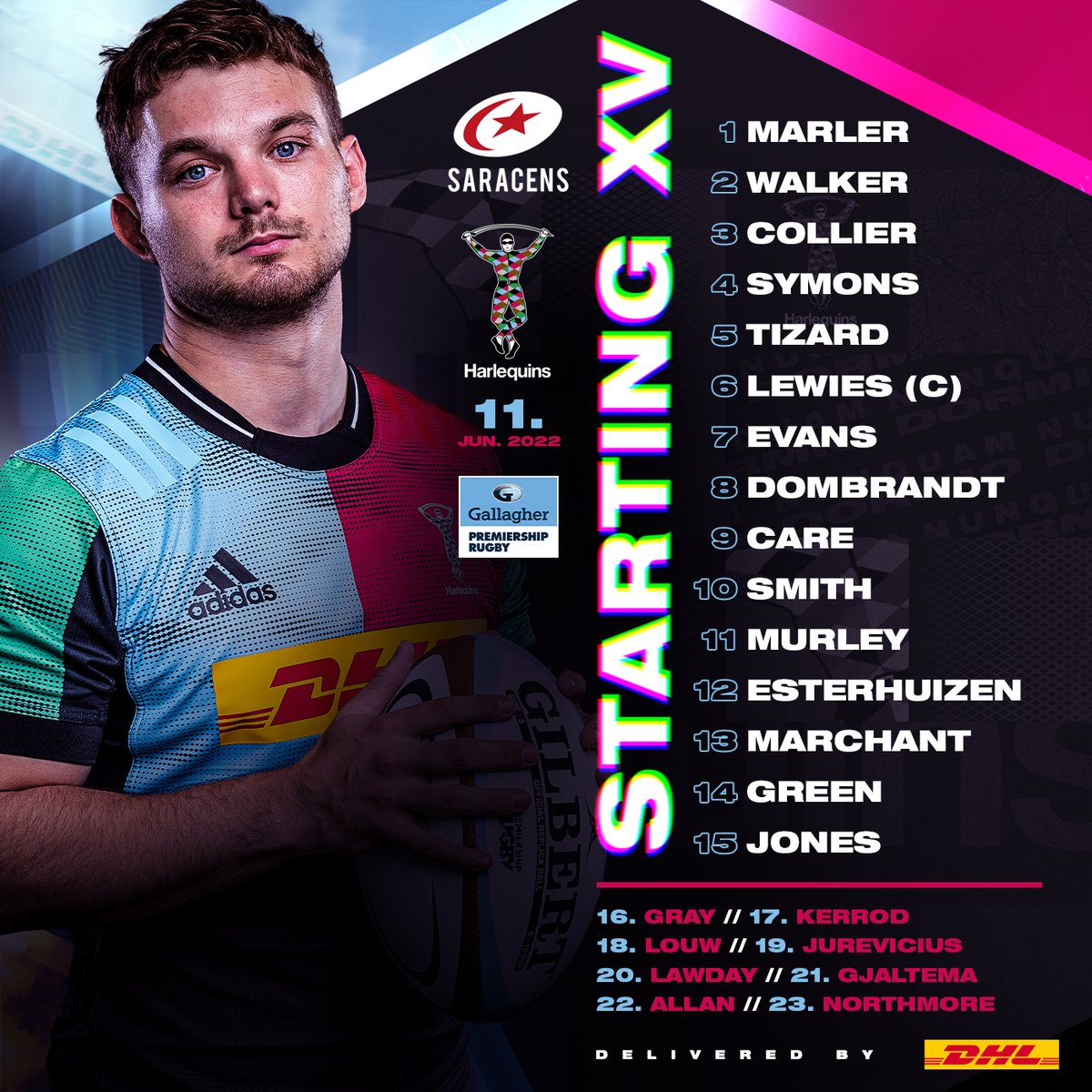 Harlequins's tweet photo. 📋 𝗦𝗲𝗺𝗶-𝗙𝗶𝗻𝗮𝗹 𝗦𝗲𝗹𝗲𝗰𝘁𝗶𝗼𝗻𝘀

🃏 Your Harlequins side for tomorrow. 

📲 https://t.co/7mo403tKCE 

📦 Delivered by @dhlexpressuk.  

#COYQ #SARvHAR https://t.co/hv8d60mIfO