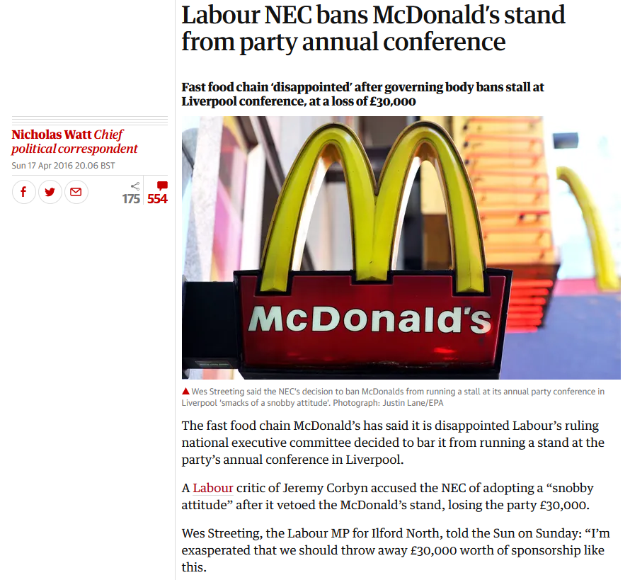 After Corbyn became leader, Labour stopped McDonalds 'buying' a stand at Lab Conference for £30,000 because of its anti trade unionism practices. Wes Streeting complained in the S*n, saying Lab should have taken the cash. That's the level of his trade union solidarity. #McStrike