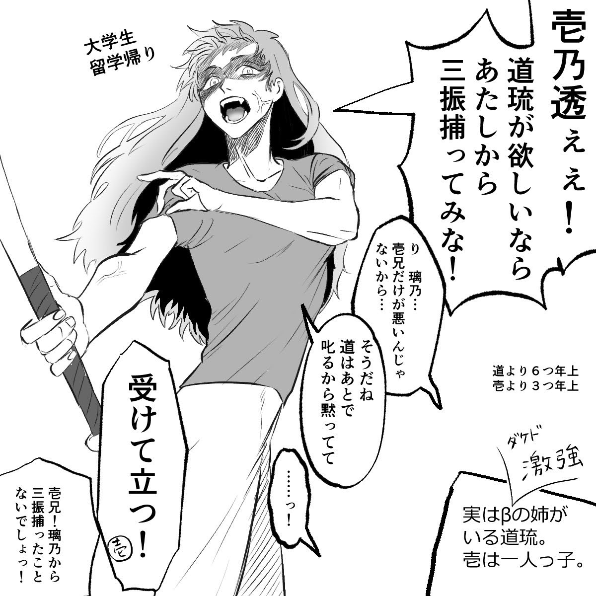 おまけ①
一同(璃乃の呼び捨て怖い)
結果三振取られた璃乃。2人を抱っこしながら「壱ちゃん本気なのね。じゃあ"いちる"ちゃんは2人でハッピーセットしてください!」てニコニコ

日が暮れるまで勝負して、璃乃は手のひらずるずる
乃愛「璃乃!手ぇ消毒っ!壱、肩アイシングっ!」バカタレー💥 