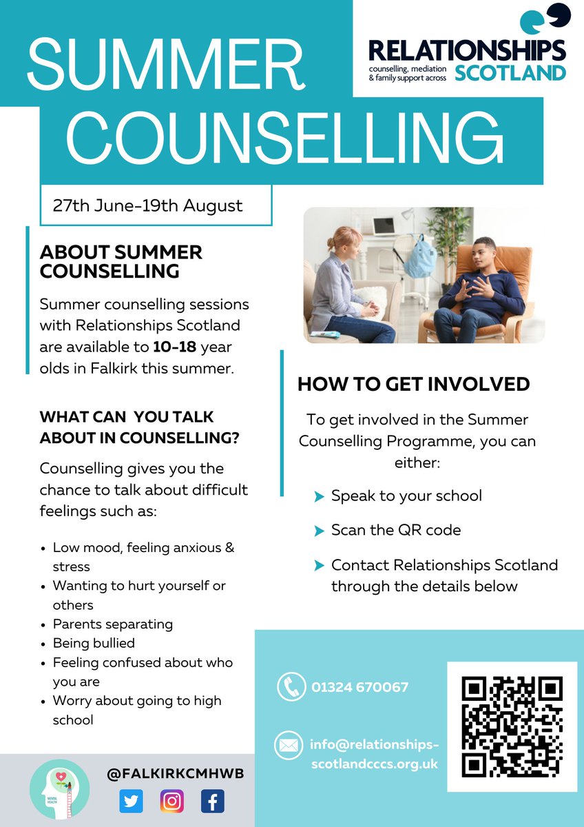 ❕ Summer Counselling 2022 ❕

Counselling sessions with <a href="/RelScot/">Relationships Scot</a> are available to support young people aged 10-18 in Falkirk this summer 

To make a referral please get in touch with Relationships Scotland via the contact details below 👇