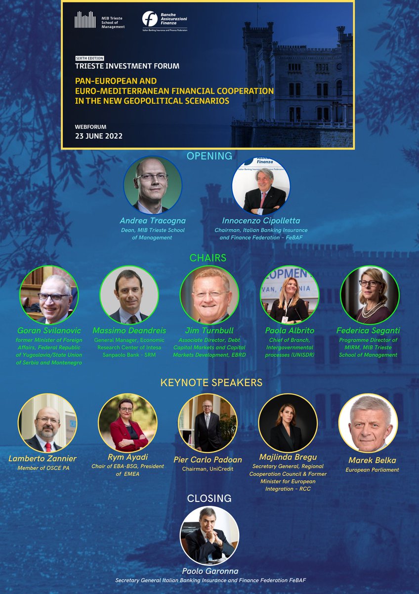 FeBAF's tweet photo. Two weeks to the Trieste Investment Forum!
Register https://t.co/UYwvOQEy28 for 23 June!#TIF2022 #financialintegration #UE #EasternEurope, #Euromed #Africa #geopolitical #scenarios @profMarekBelka #European #Africa #UkraineWar @FASI_eu #trieste #banking #insurance #Finance https://t.co/BRRn5AQLlz