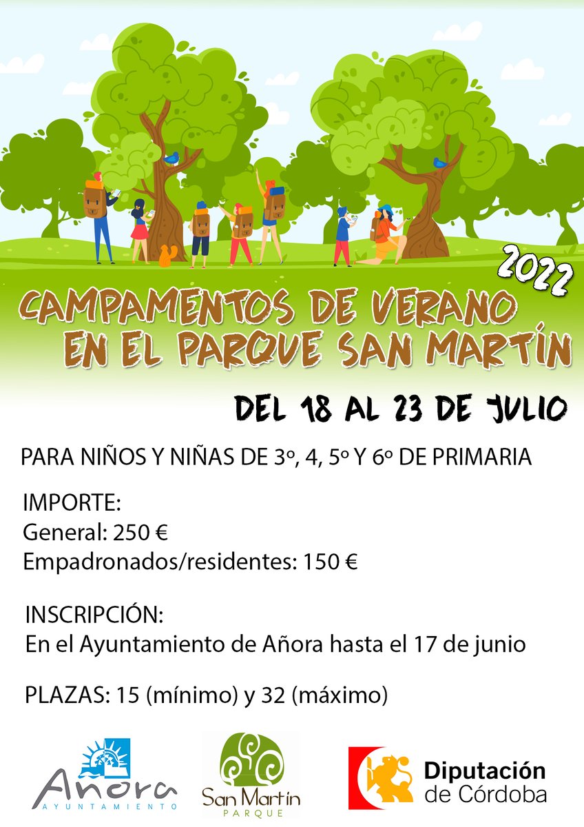 Ya llegan los campamentos de verano en el Parque San Martín.
Del 18 al 23 de julio para niños/as de 3º, 4º, 5º y 6º de primaria.

Importe:

- General: 250 €
- Empadronados/residentes: 150 €

Inscripciones en el Ayuntamiento hasta el 17 de junio.

¡No te quedes sin tu plaza!