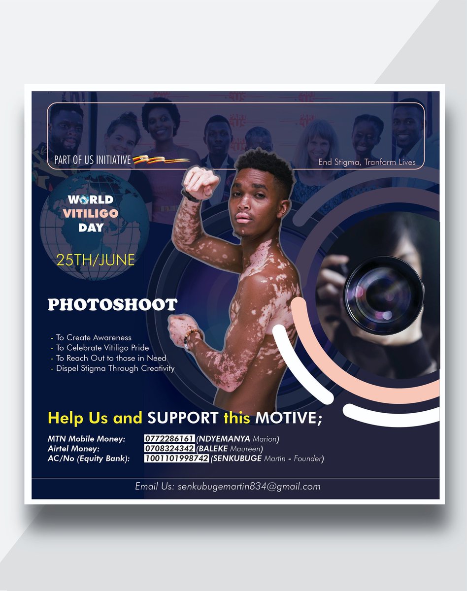 MartinSenkubuge's tweet image. Support our FIRST Public Fundraising Campaign.
Part of Us Initiative is an NGO with the vision; To Visually Amplify the voices of People Living with Vitiligo in Uganda and beyond through Creativity

#createawareness
#photoshoot 
#worldvitiligoday2022