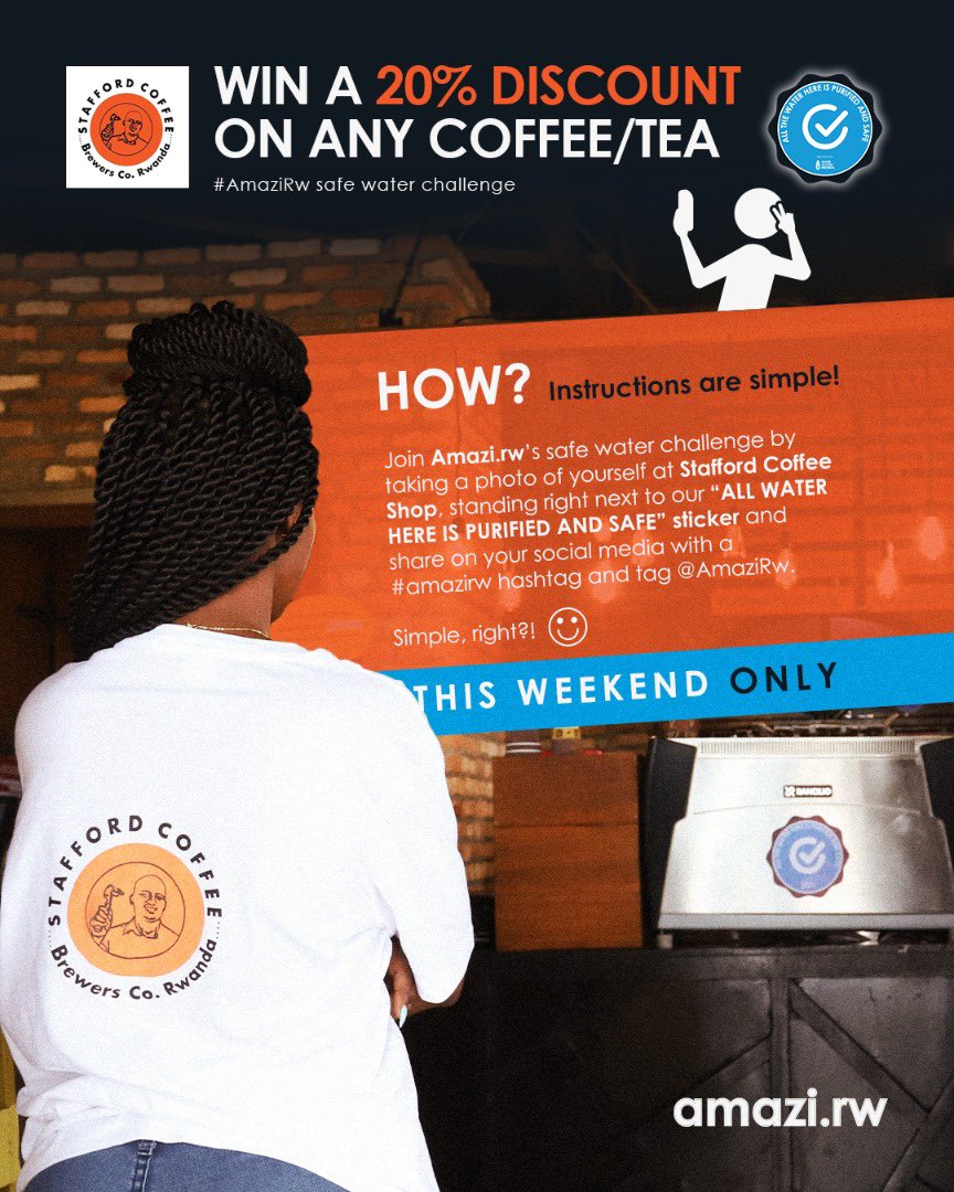 We envision a world where every tap gives safe water. We love to see businesses take an extra step to guarantee safe water.

Grab a coffee at <a href="/Stafford_Coffee/">Stafford Coffee Brewers</a> this weekend, take a picture and let's together make sure safe water is available everywhere. 🤩

#AmaziRw

<a href="/AmaziRw/">Amazi.rw</a>