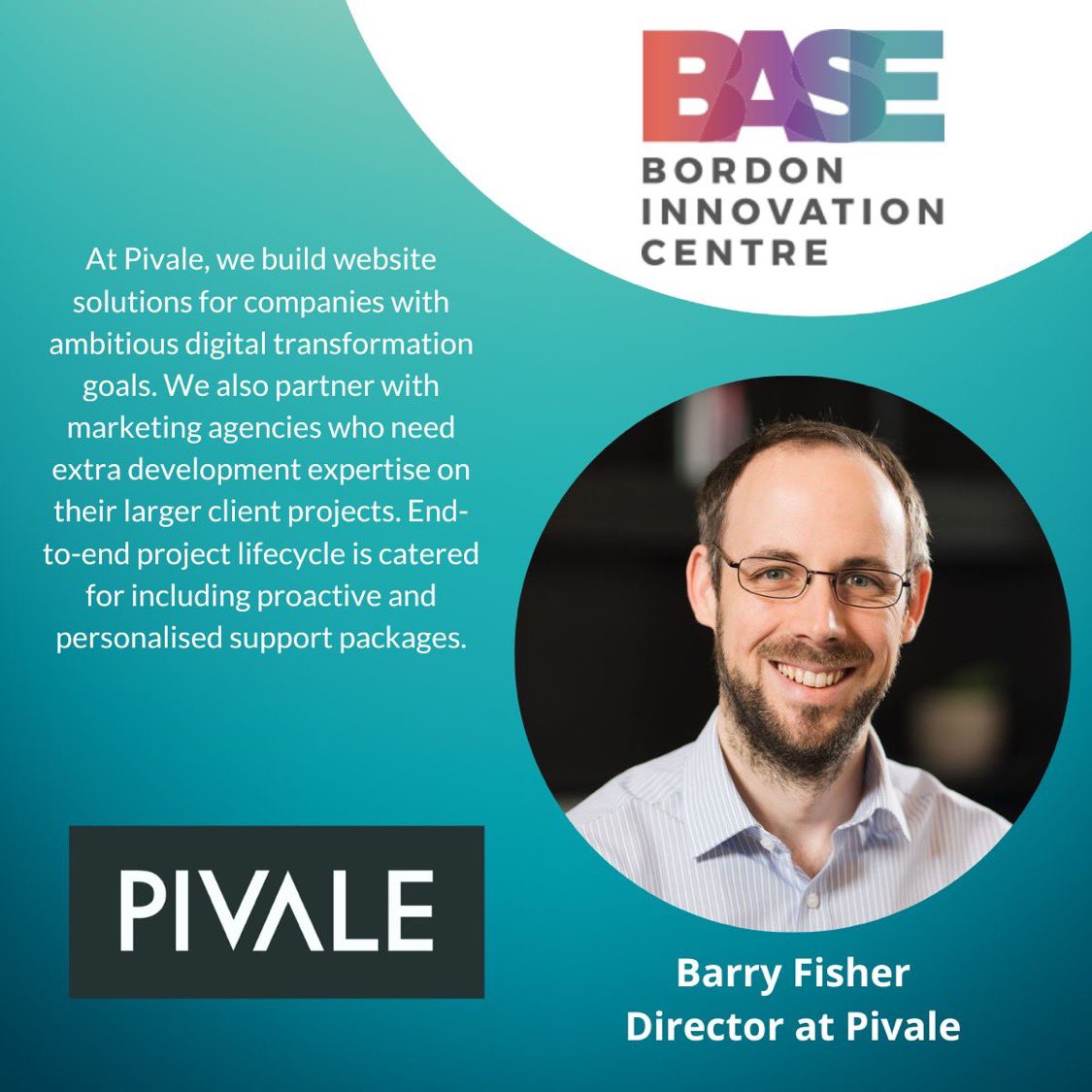 "Meet the Business"

Director of <a href="/PivaleCo/">Pivale</a> , Barry Fisher: 
"BASE is a great place to work, collaborate and build new opportunities. Friendly staff, flexible terms, good connectivity and facilities.”

#innovation #business #SME #officespace #networking