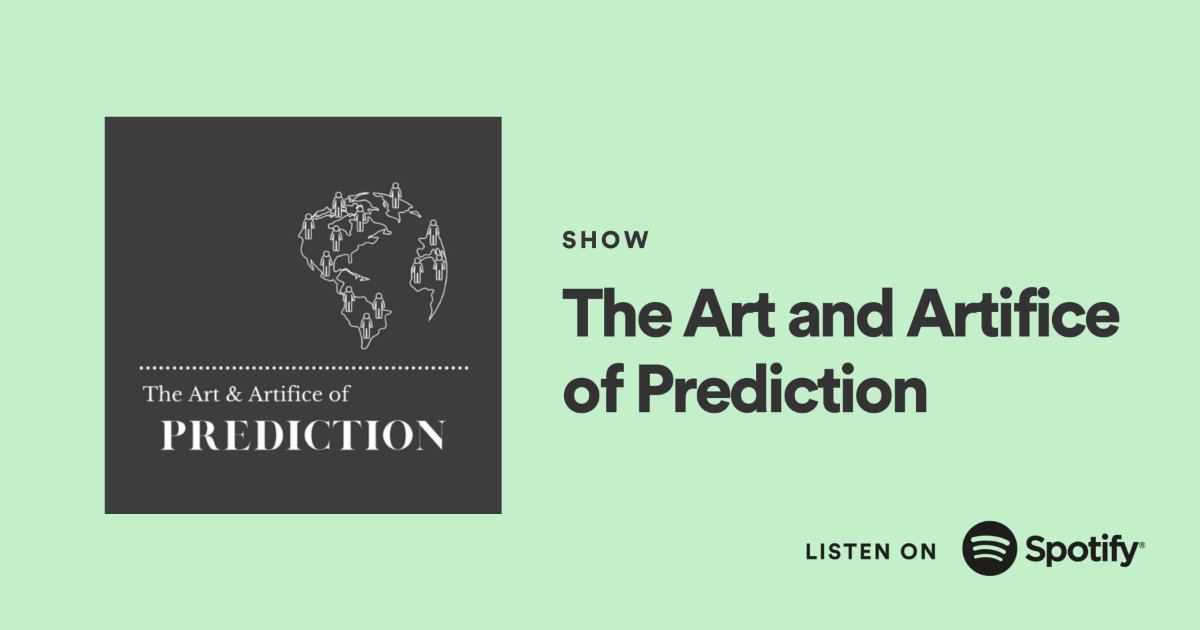 <a href="/ArtPrediction/">The Art and Artifice of Prediction Podcast</a> is a series examining how technologies of prediction shaped our world from their emergence in the Cold War to climate modelling to their role in literature and art.

Hosted by: <a href="/MariaChristou_/">Maria Christou</a>, <a href="/LiseRButler/">Lise Butler</a>, <a href="/ruthamorgan/">Ruth Morgan</a>, <a href="/daniel_mcateer/">dan mcateer</a>  

open.spotify.com/show/1XAnLffhJ…