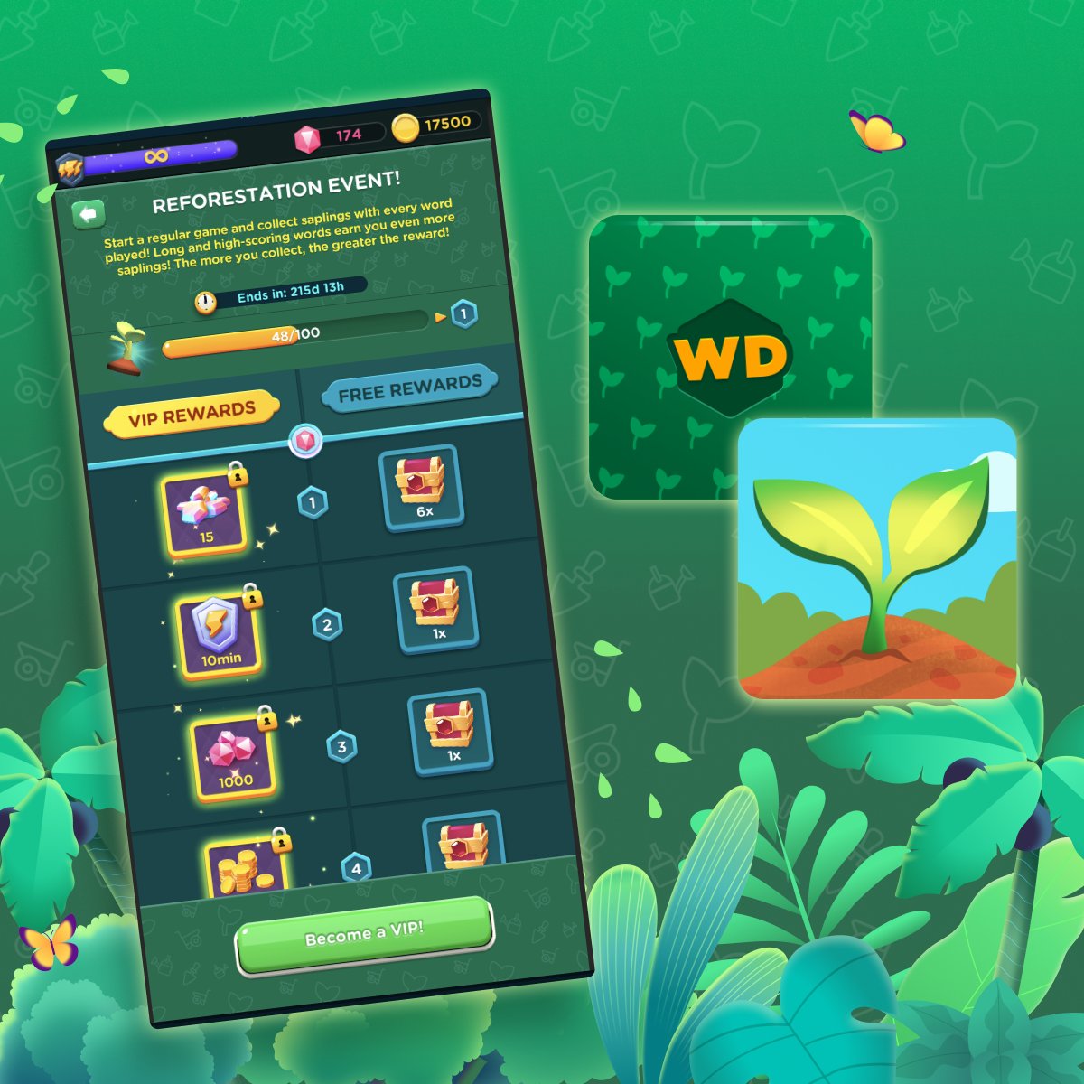 WordDomGame's tweet image. Who's already collected 2 new boosters and tilebacks exclusively available in the Reforestation event? 🌱 Don't miss out! The limited time Reforestation event ends next week and with it your chance to get them! 💚 #WordDomination
Play, plant, grow! 💚 #Playing4thePlanet